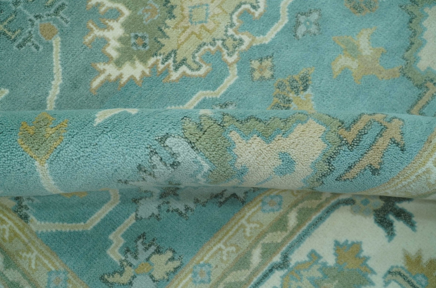 Custom Made Aqua and Beige Hand Knotted Traditional Wool Rug