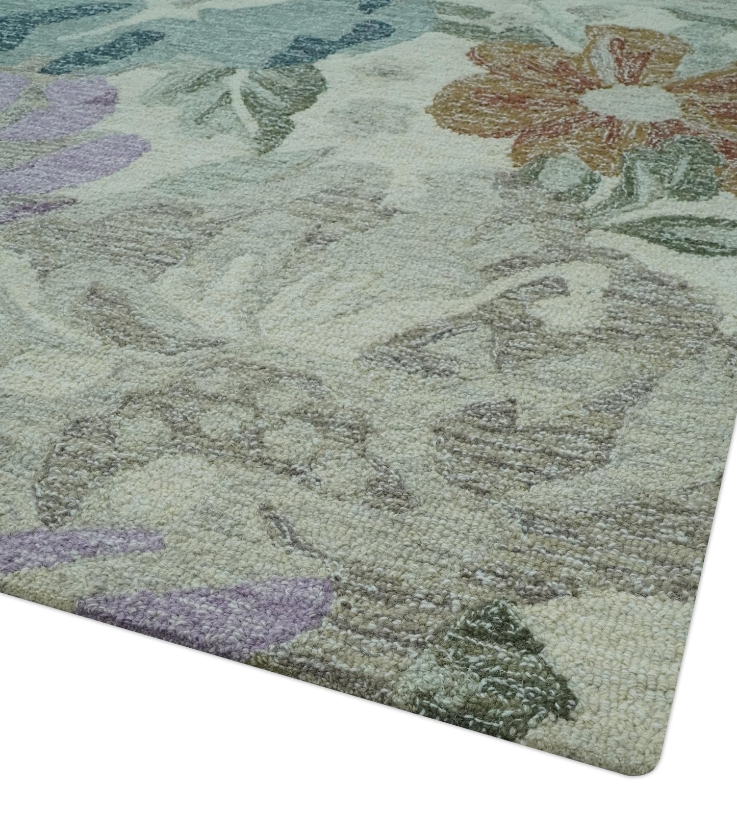 Custom Made Beautiful Ivory, Gray, Purple Flower Design Hand Tufted wool Area Rug