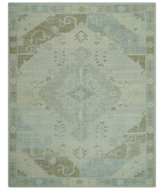 Custom Made Beige And Blue Traditional Turkish Design Hand knotted Wool Rug