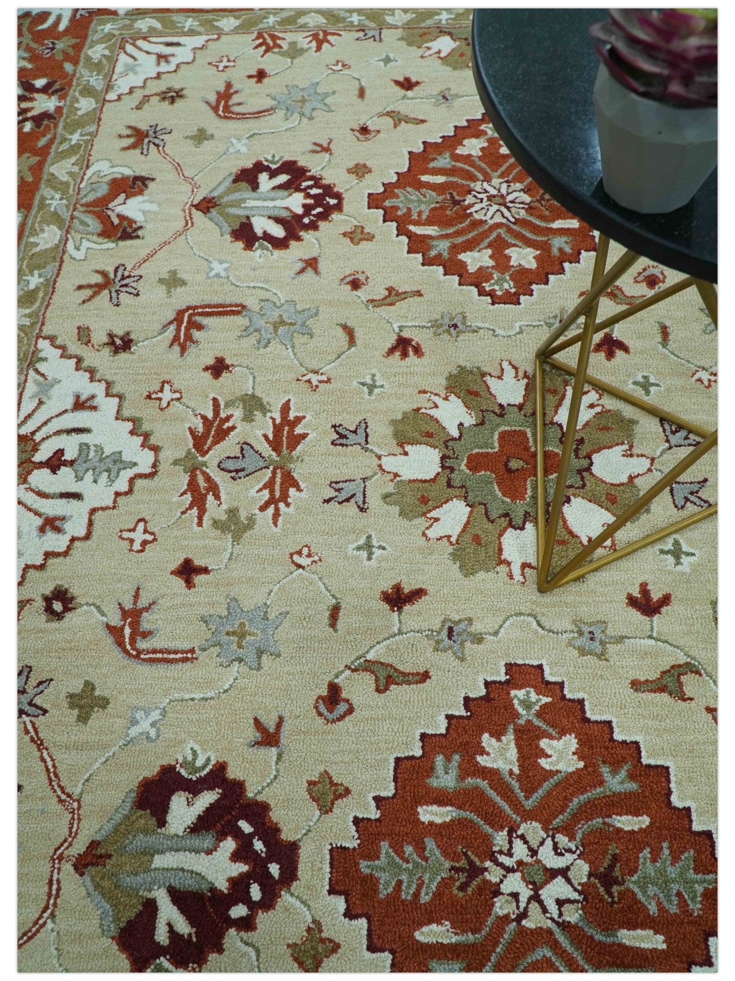 Custom Made Beige And Brown Traditional Oriental Design Hand Tufted Wool Area Rug