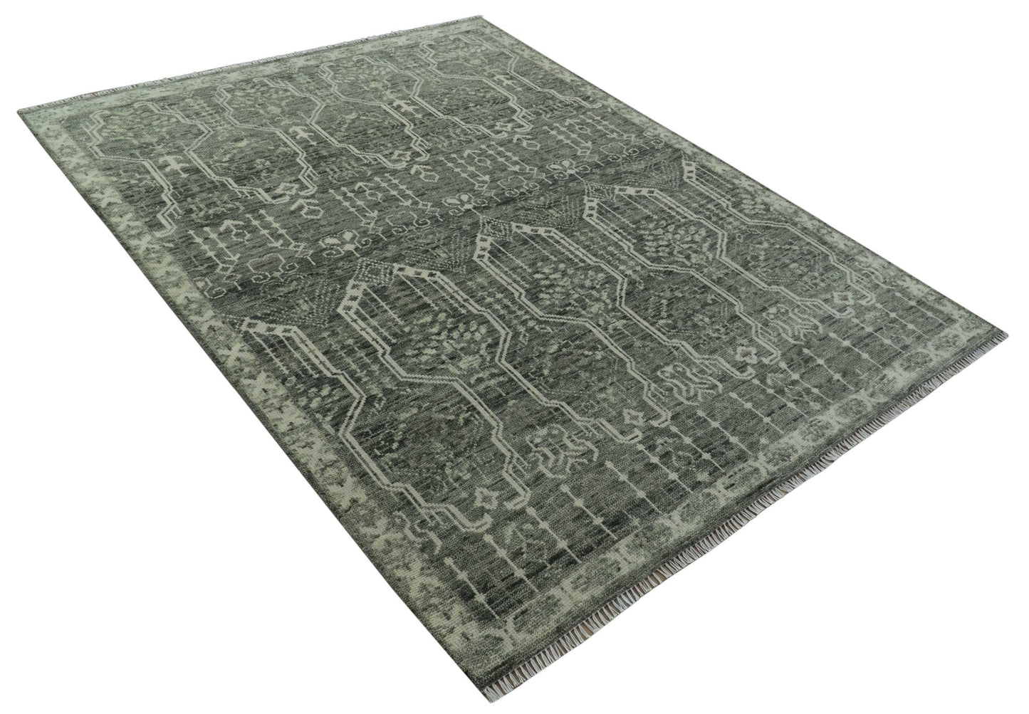 Custom Made Beige And Green  Modern Geometrical Design Hand Knotted wool rug