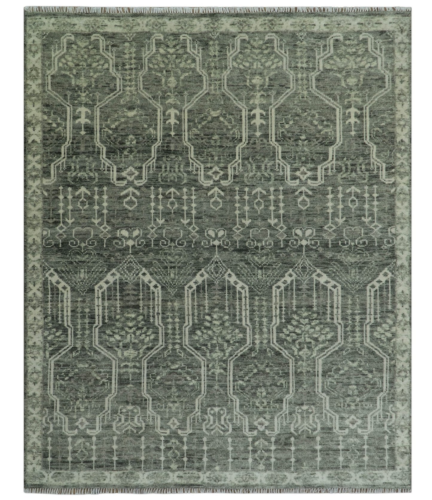 Custom Made Beige And Green  Modern Geometrical Design Hand Knotted wool rug