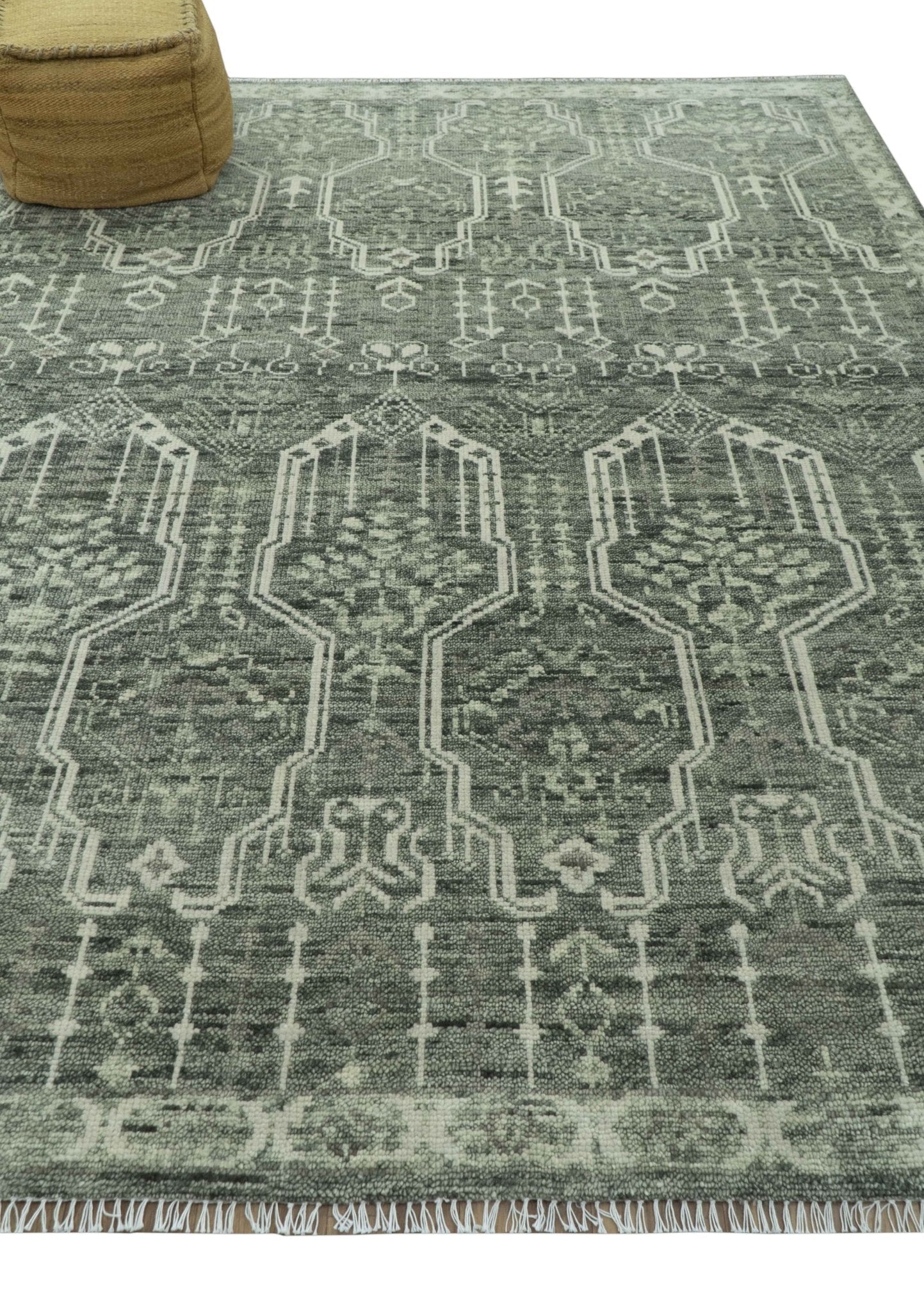 Custom Made Beige And Green  Modern Geometrical Design Hand Knotted wool rug
