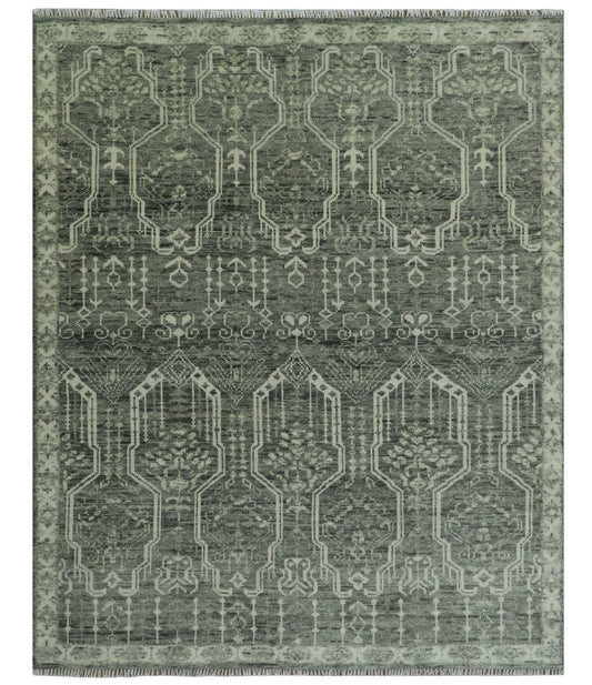 Custom Made Beige And Green  Modern Geometrical Design Hand Knotted wool rug