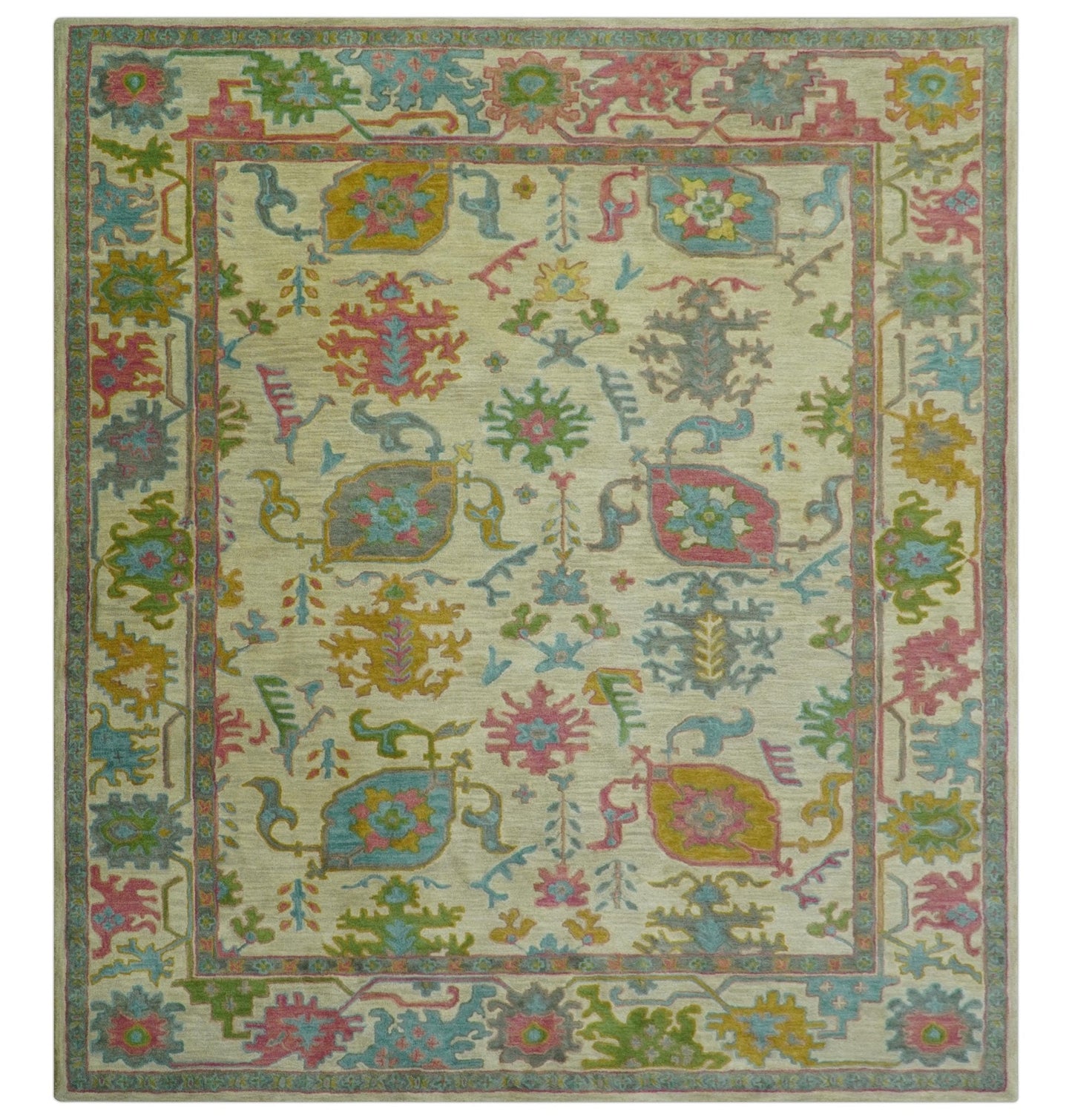 Custom Made Beige And Green Traditional Oushak Design Hand Tufted Wool Rug