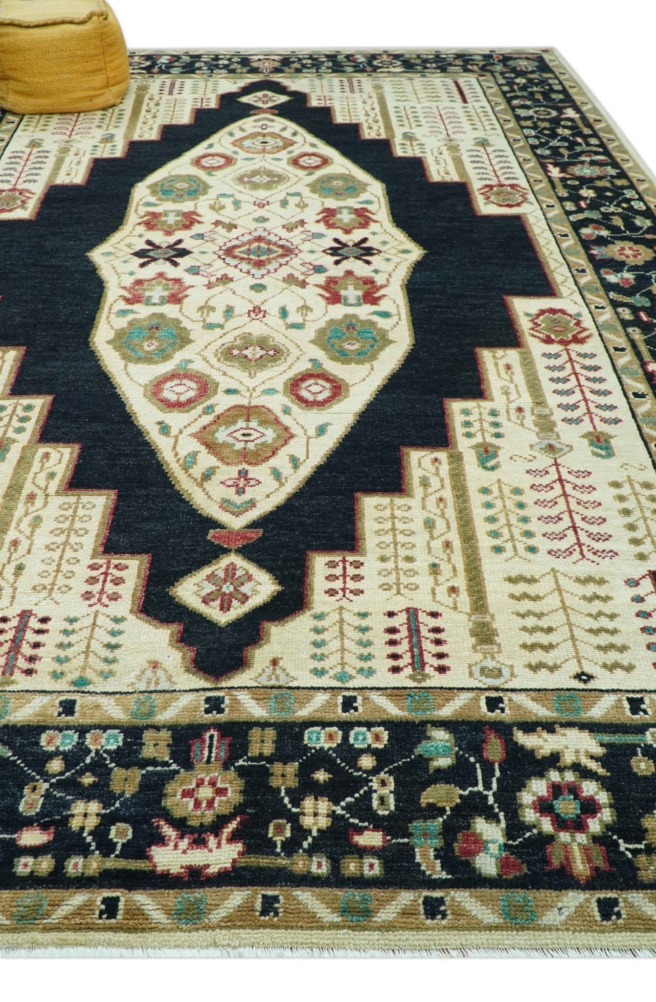 Custom Made Black And Ivory Traditional Serapi Design Hand Knotted Wool Rug