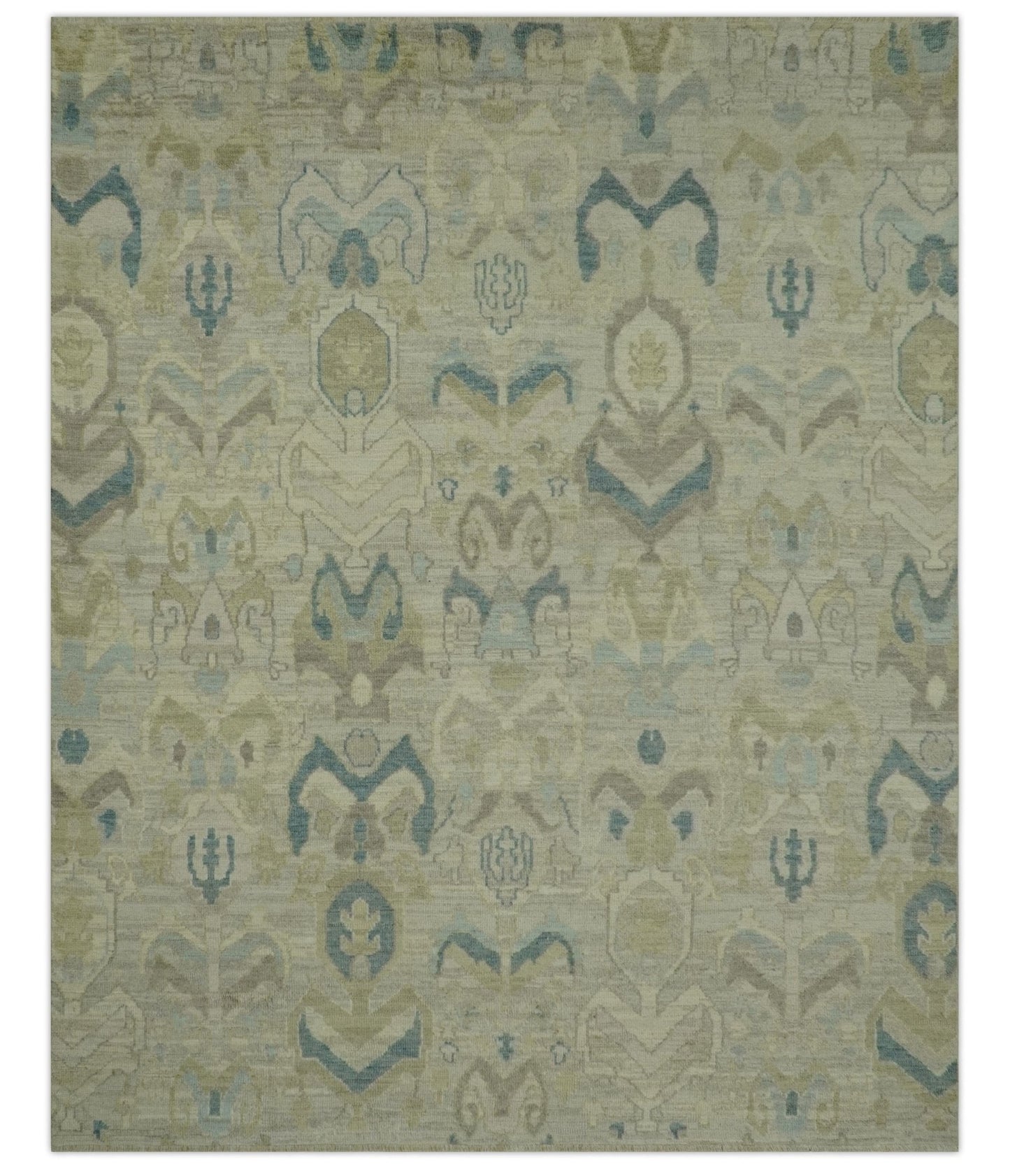Custom Made Blue And Beige Modern Ikat Design Hand Knotted Wool Area Rug
