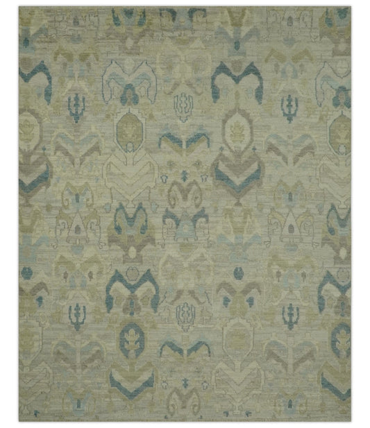 Custom Made Blue And Beige Modern Ikat Design Hand Knotted Wool Area Rug