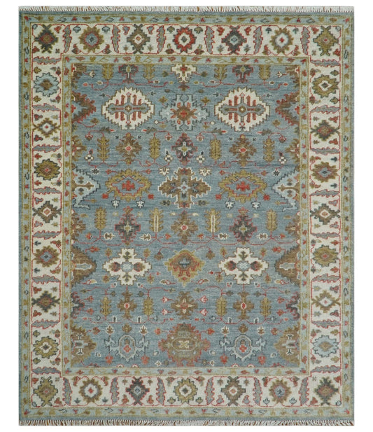 Custom Made Blue And Beige Traditional Hand Knotted Wool Area Rug
