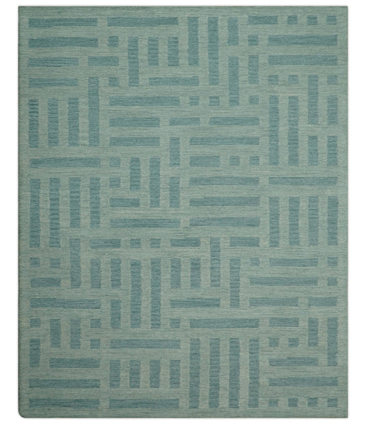 Custom Made Blue And Ivory Modern Abstract Pattern Hand Tufted Wool Area Rug