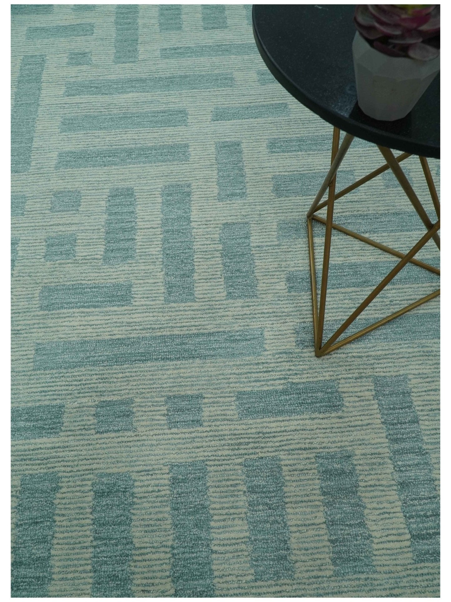 Custom Made Blue And Ivory Modern Abstract Pattern Hand Tufted Wool Area Rug