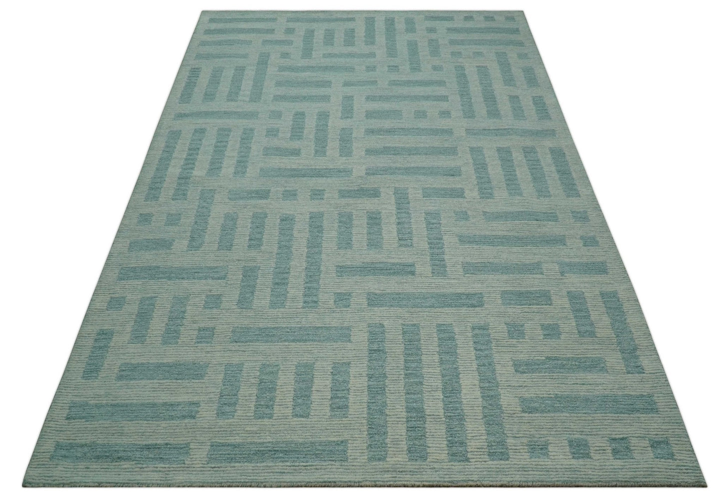 Custom Made Blue And Ivory Modern Abstract Pattern Hand Tufted Wool Area Rug