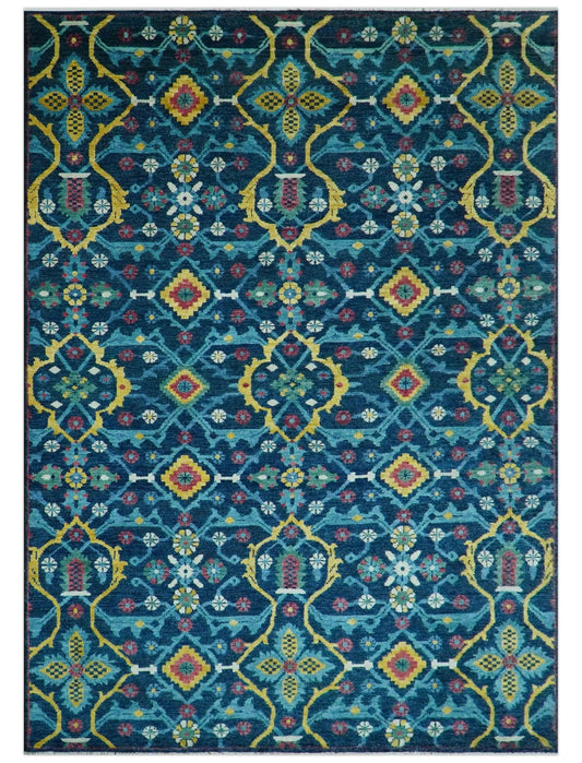 Custom Made Blue And Mustard Traditional Floral Motifs Hand Knotted Wool Rug