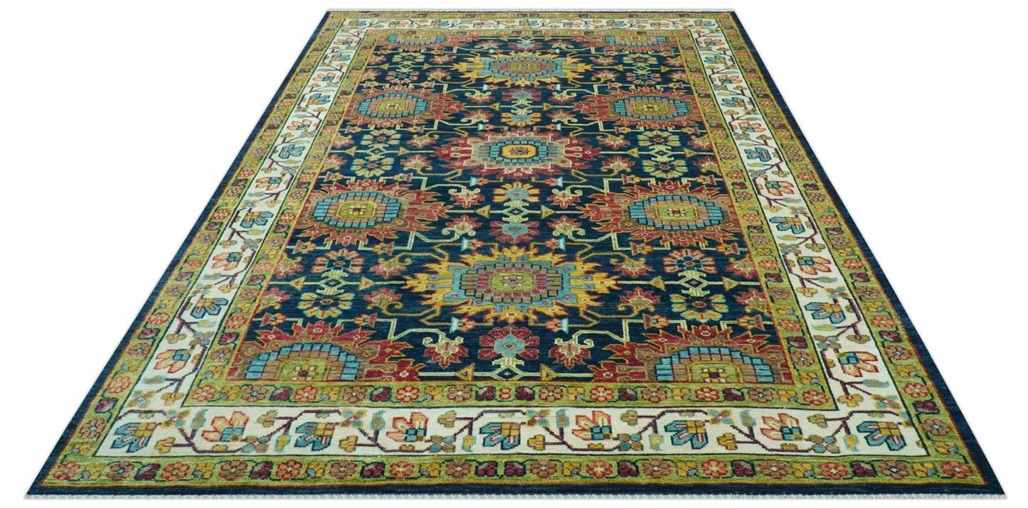 Custom Made Blue And Olive Traditional Medallion Hand Knotted Wool Rug