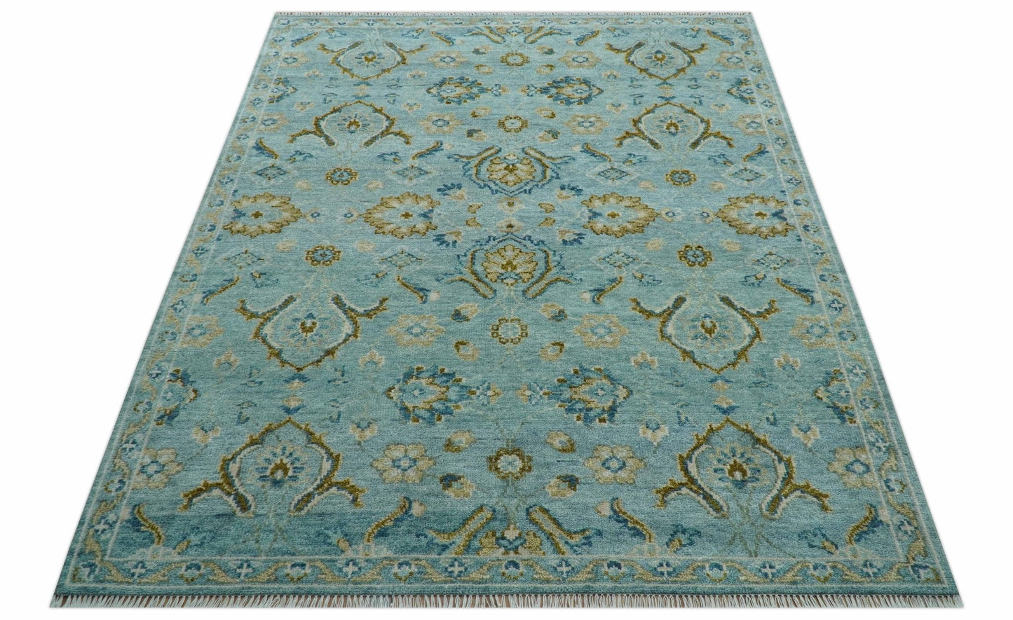 Custom Made Blue And Olive Traditional Oriental Design Hand knotted Wool Area Rug