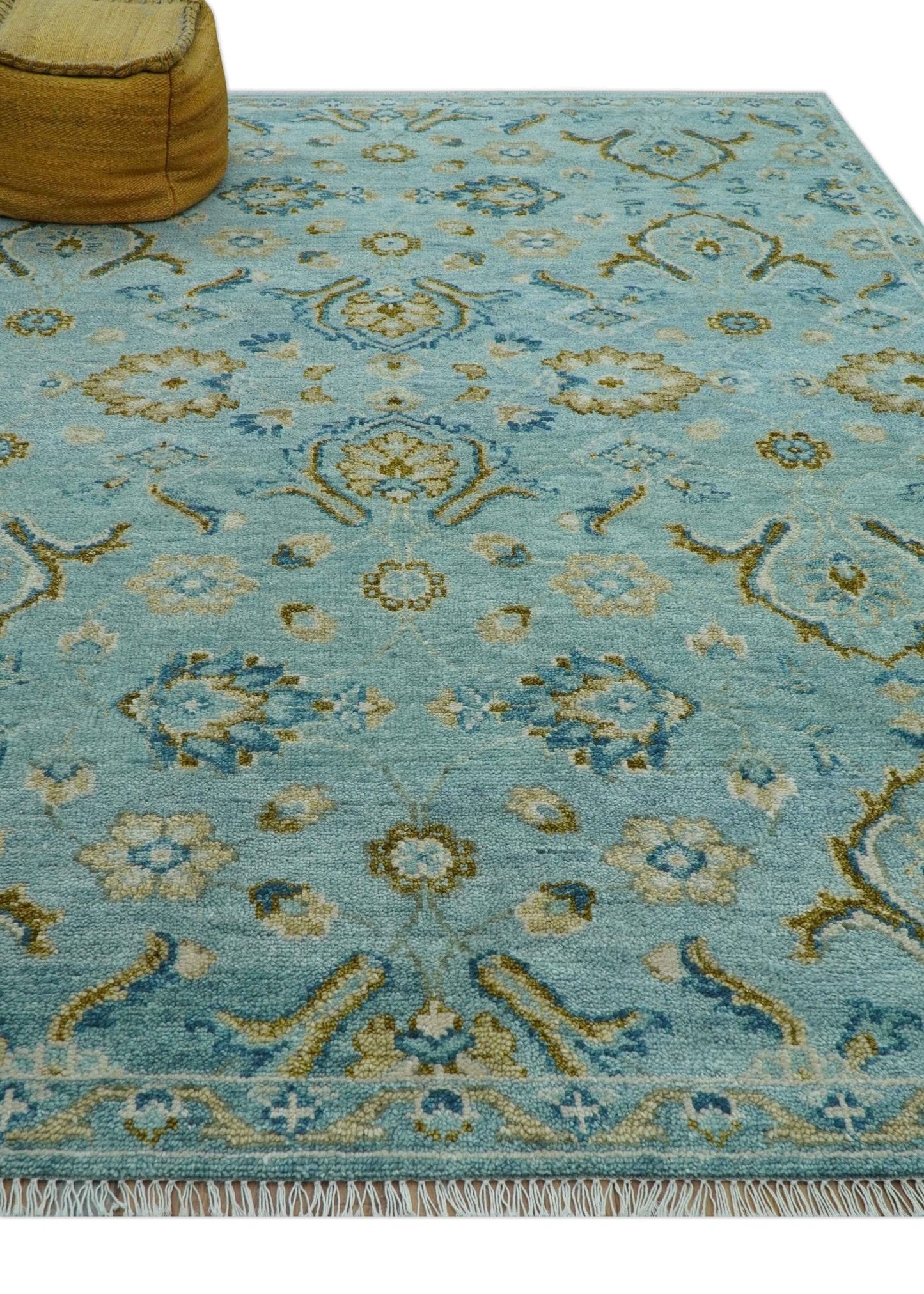 Custom Made Blue And Olive Traditional Oriental Design Hand knotted Wool Area Rug