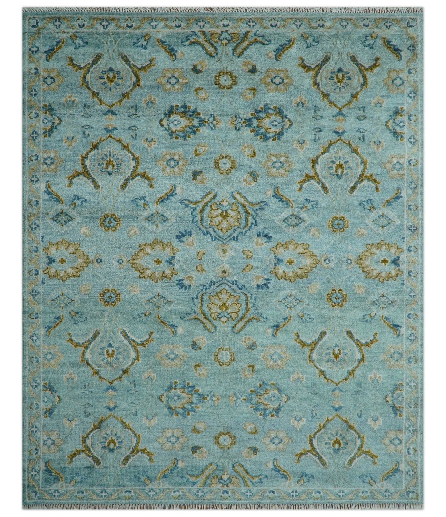 Custom Made Blue And Olive Traditional Oriental Design Hand knotted Wool Area Rug