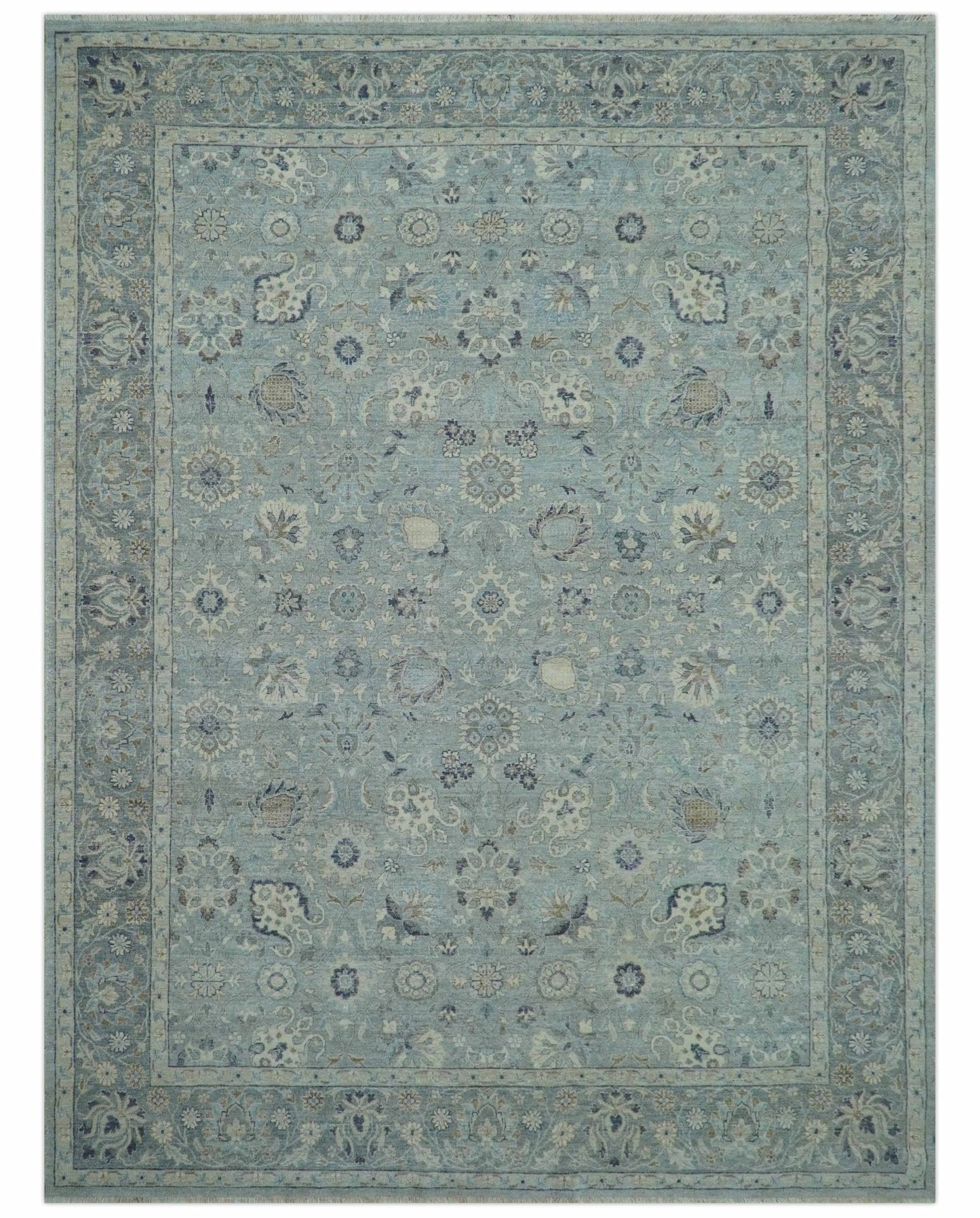 Custom Made Blue Traditional distressed design Hand knotted Wool Area Rug