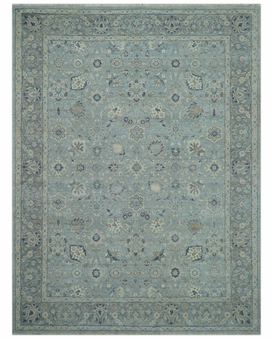 Custom Made Blue Traditional distressed design Hand knotted Wool Area Rug