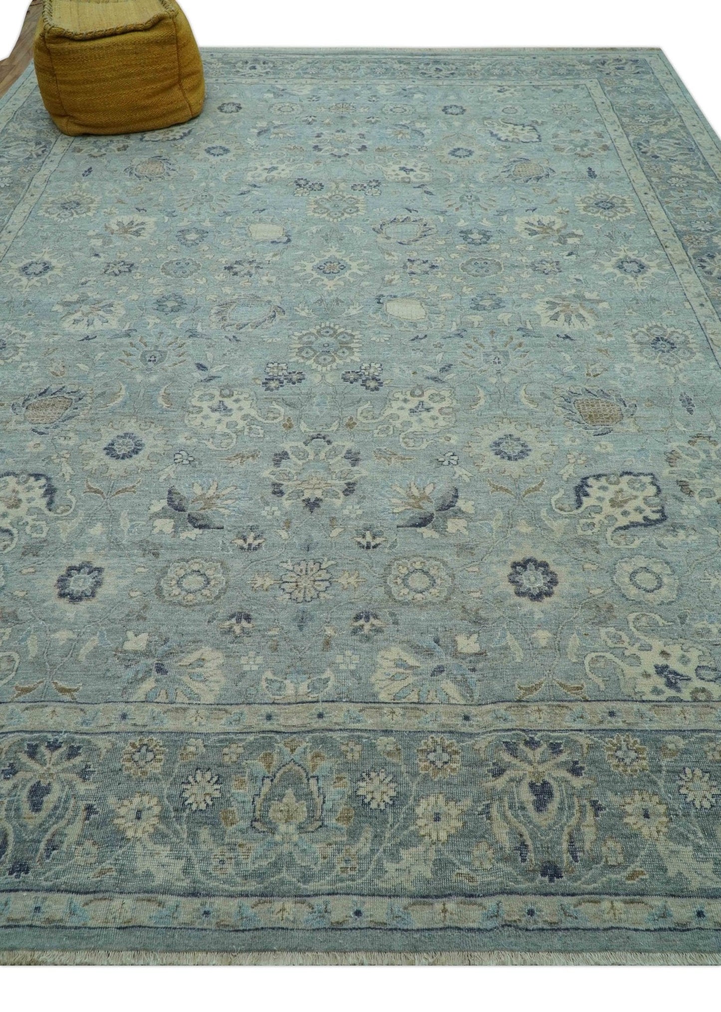 Custom Made Blue Traditional distressed design Hand knotted Wool Area Rug
