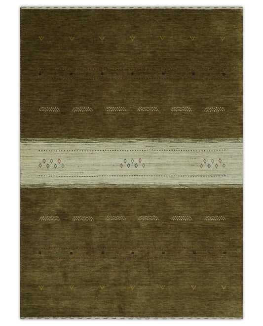 Custom Made Brown and Ivory Geometrical Stripes Design wool Area Rug