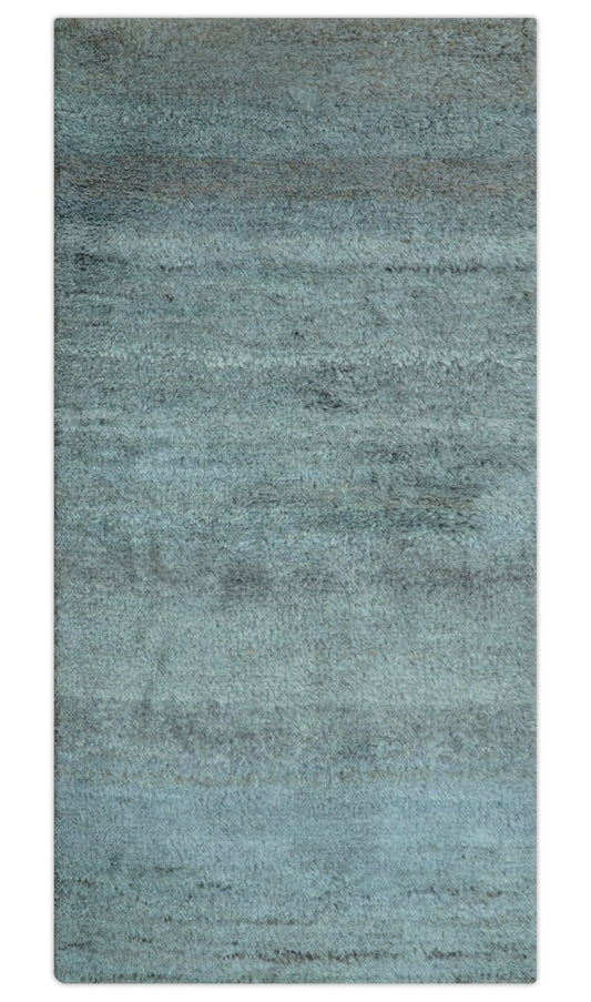 Custom Made Contemporary Solid Blueish Silver Hand knotted wool Area Rug