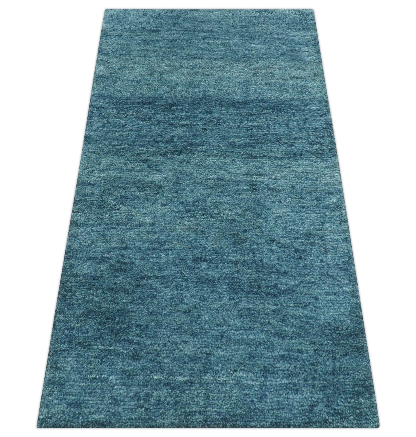 Custom Made Contemporary Solid Plush Blue Hand Knotted Wool Rug