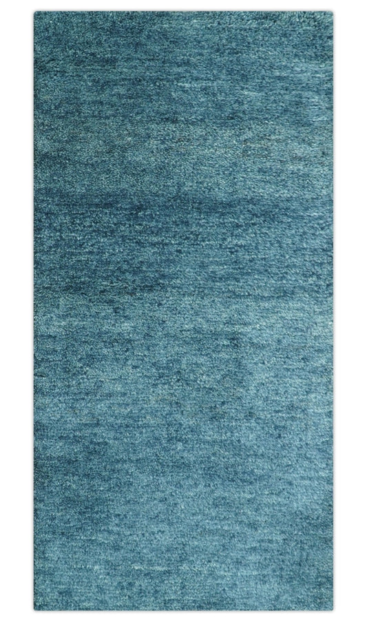 Custom Made Contemporary Solid Plush Blue Hand Knotted Wool Rug