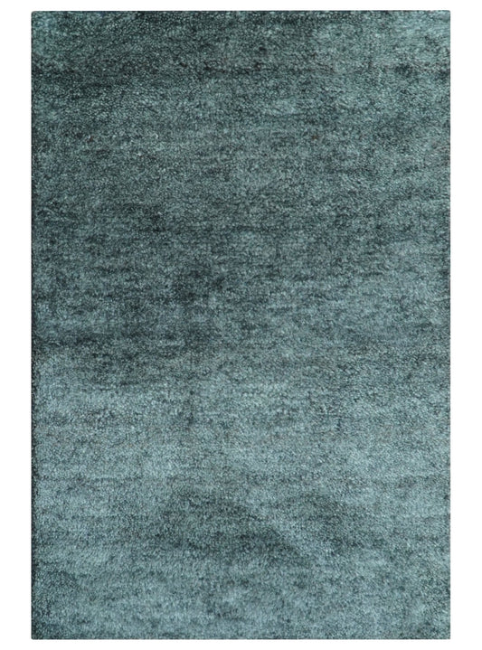 Custom Made Contemporary Solid Plush Steel Blue Hand Knotted Wool Rug