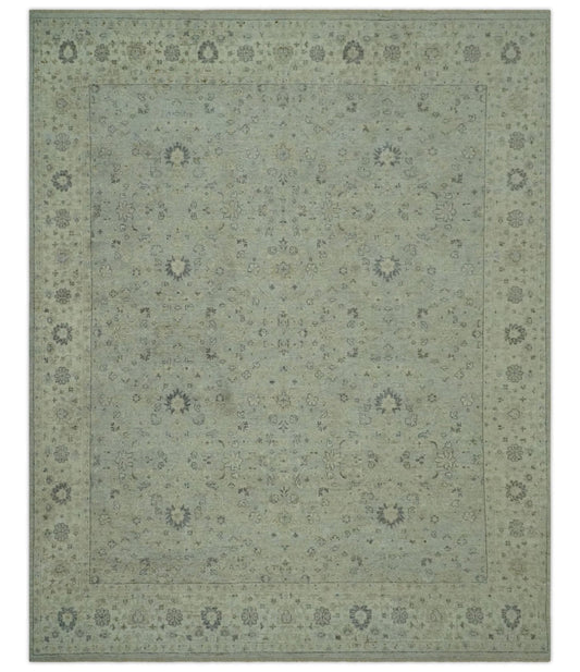 Custom Made Distress Finished Beige, Silver and Charcoal Traditional Wool Rug