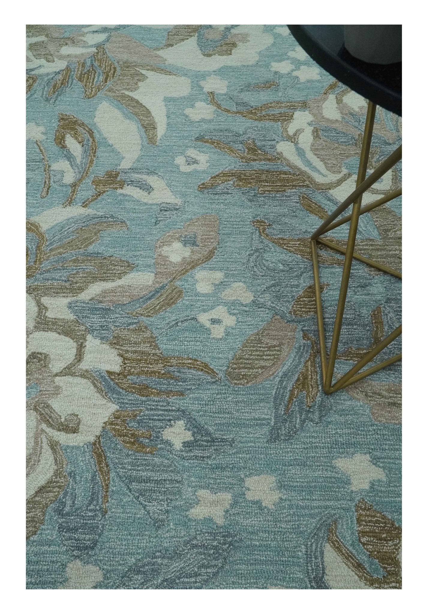 Custom Made Elegant Blue, Ivory and Olive Floral Design Hand Tufted wool Rug