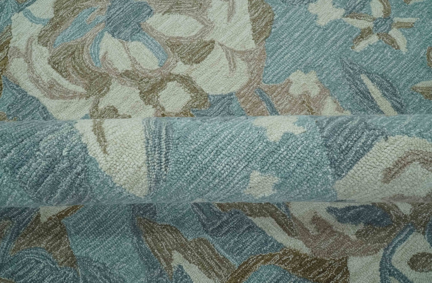 Custom Made Elegant Blue, Ivory and Olive Floral Design Hand Tufted wool Rug