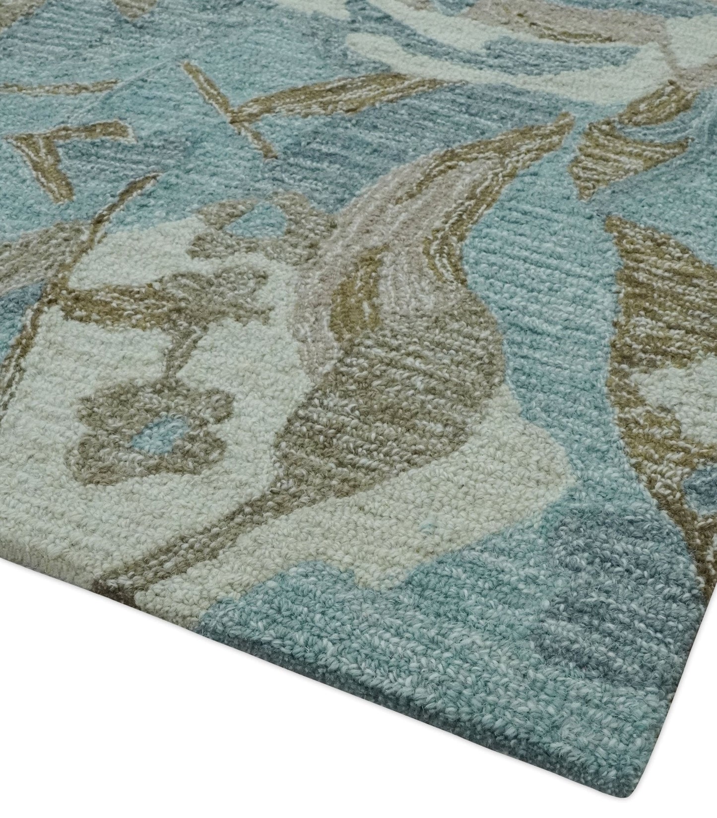 Custom Made Elegant Blue, Ivory and Olive Floral Design Hand Tufted wool Rug