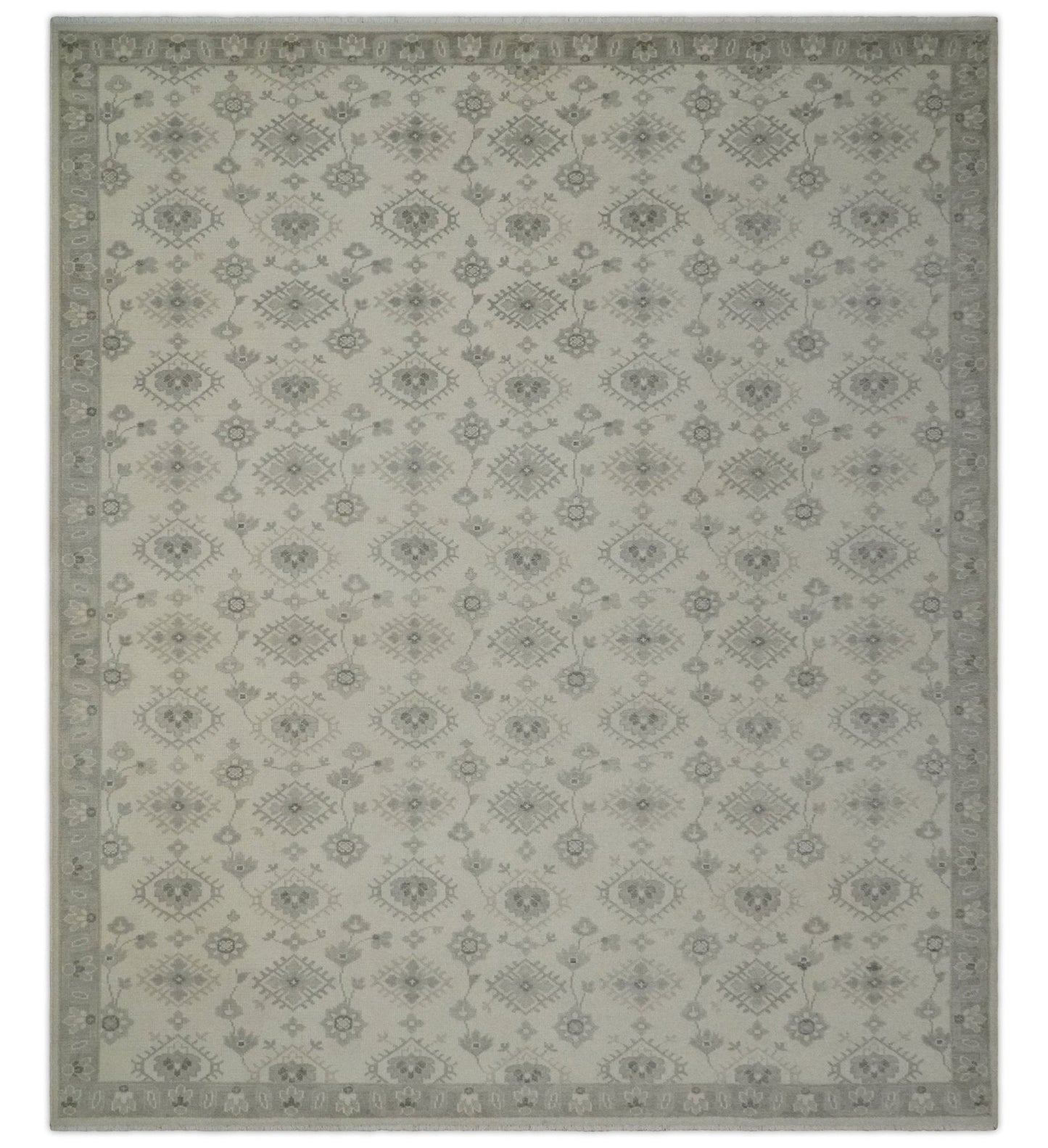 Custom Made Fine Hand Knotted Ivory and Charcoal Style Hand knotted Wool Area Rug