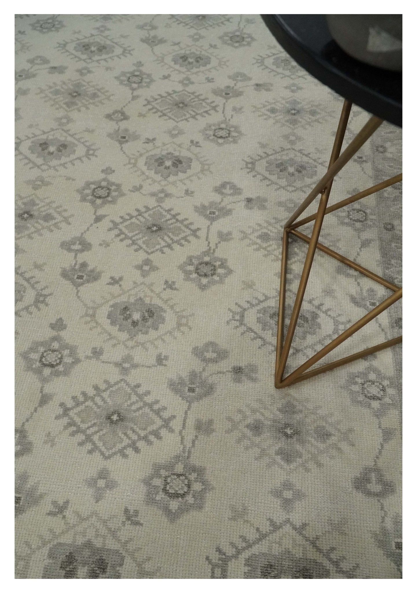 Custom Made Fine Hand Knotted Ivory and Charcoal Style Hand knotted Wool Area Rug