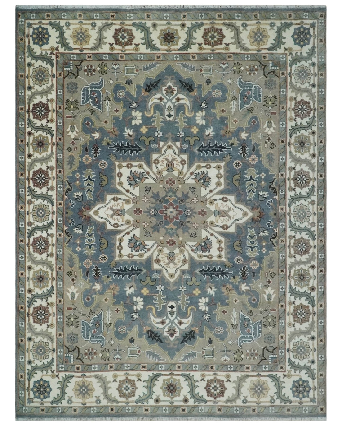 Custom Made Fine Knots Hand Knotted Ivory, Taupe and Olive Traditional Wool Rug