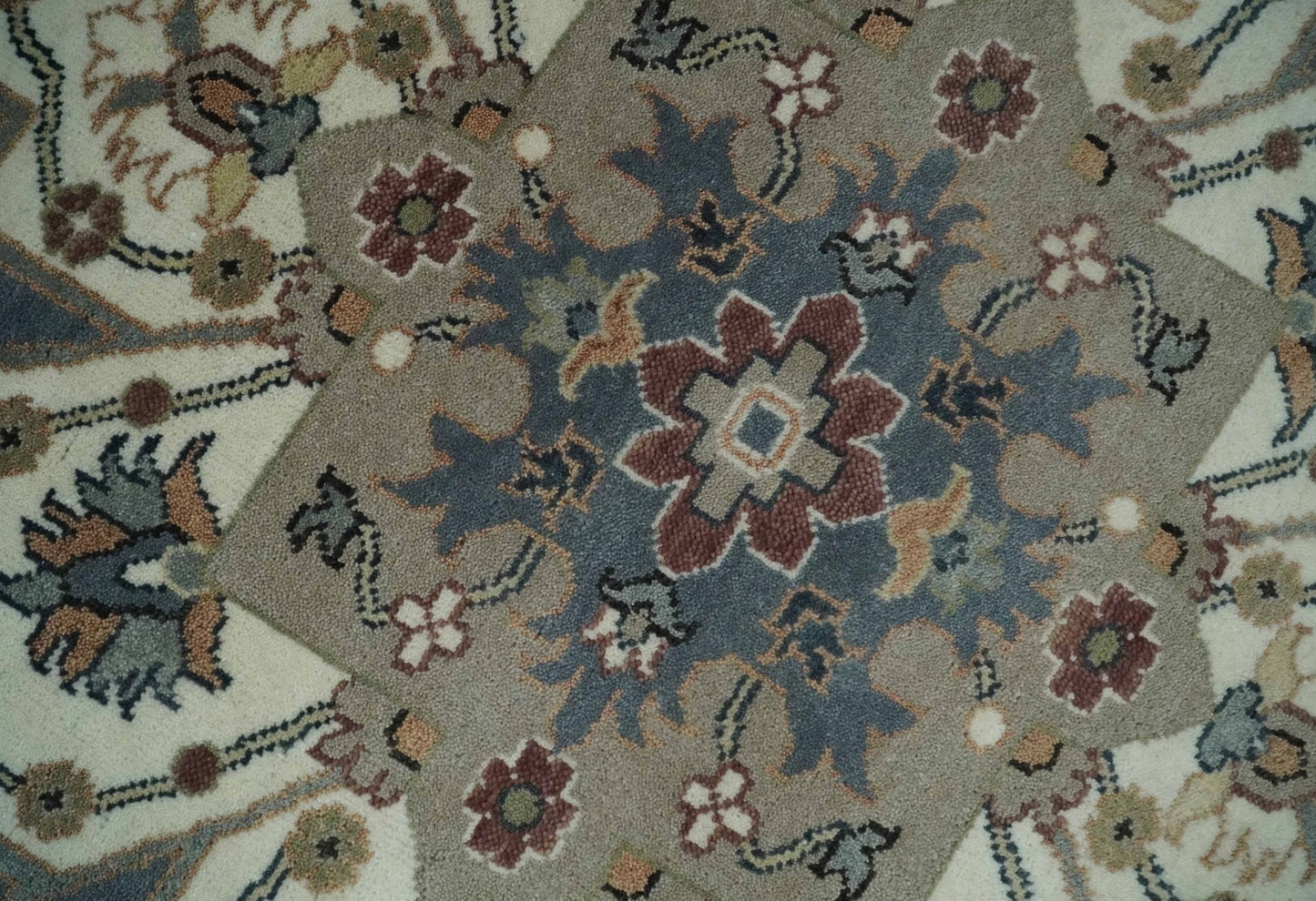 Custom Made Fine Knots Hand Knotted Ivory, Taupe and Olive Traditional Wool Rug