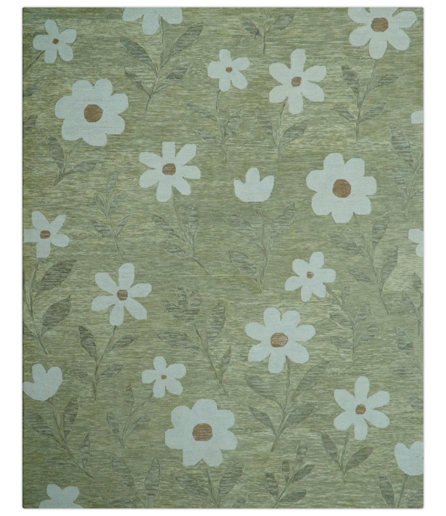 Custom Made Floral Olive Green Hand Tufted Wool Area Rug