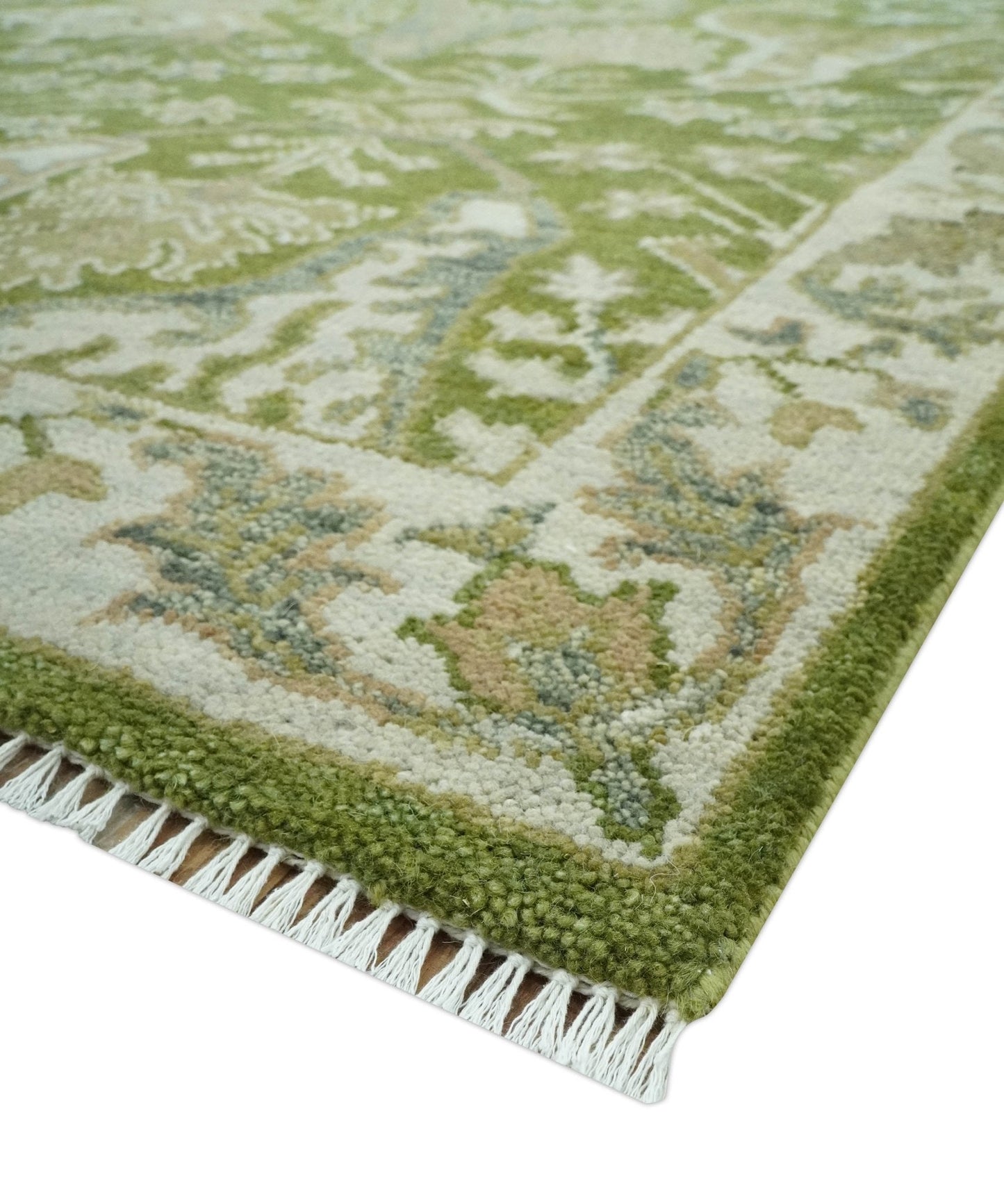 Custom Made Green and Ivory Traditional Dragon Oushak Design Hand knotted wool rug