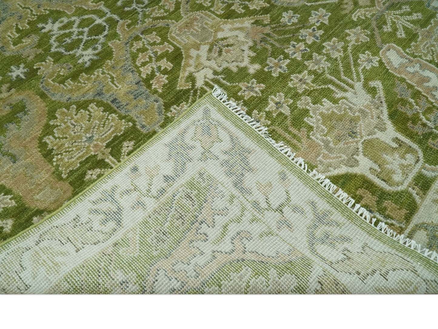 Custom Made Green and Ivory Traditional Dragon Oushak Design Hand knotted wool rug