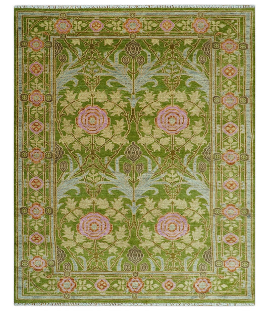 Custom Made Green And Pink Traditional Donegal Design Hand Knotted wool area rug