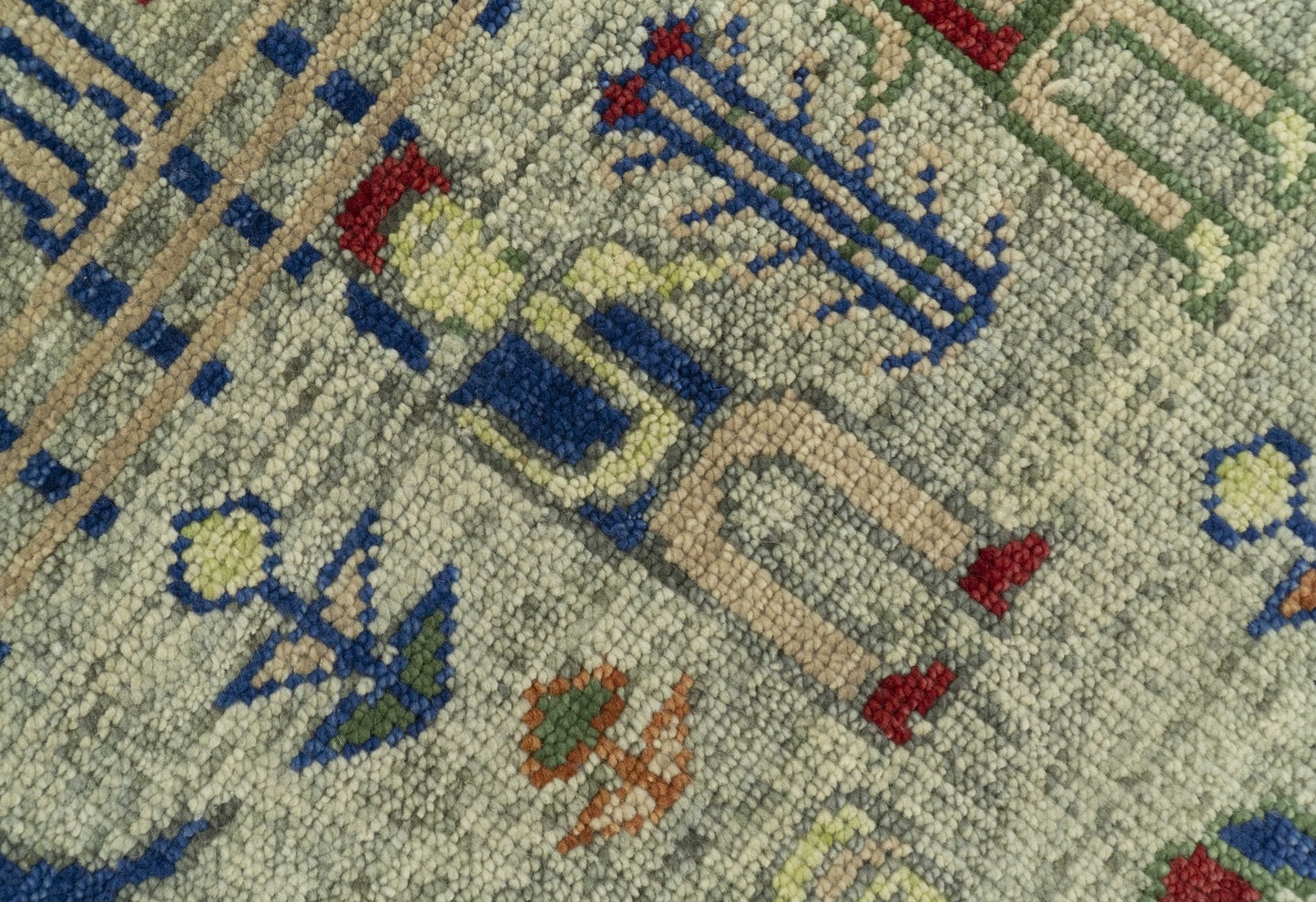Custom Made Greenish Beige, Rust And Blue Folk Art Hand Knotted Wool Area Rug