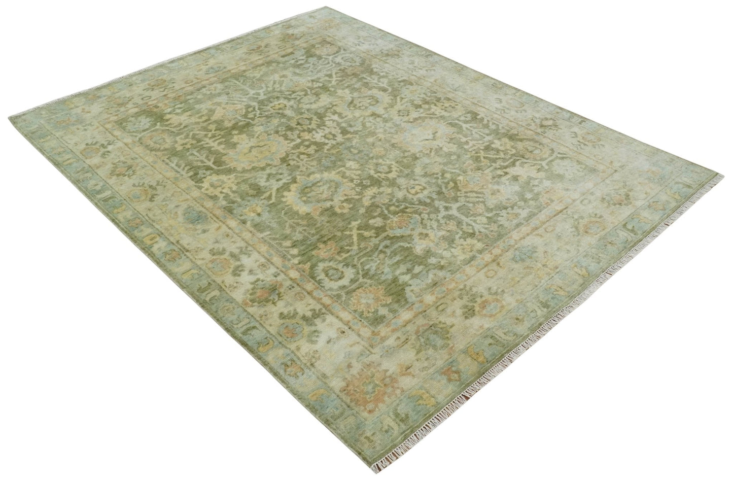 Custom Made Hand Knotted Antique Finish Green, Aqua and Beige Traditional Wool Rug