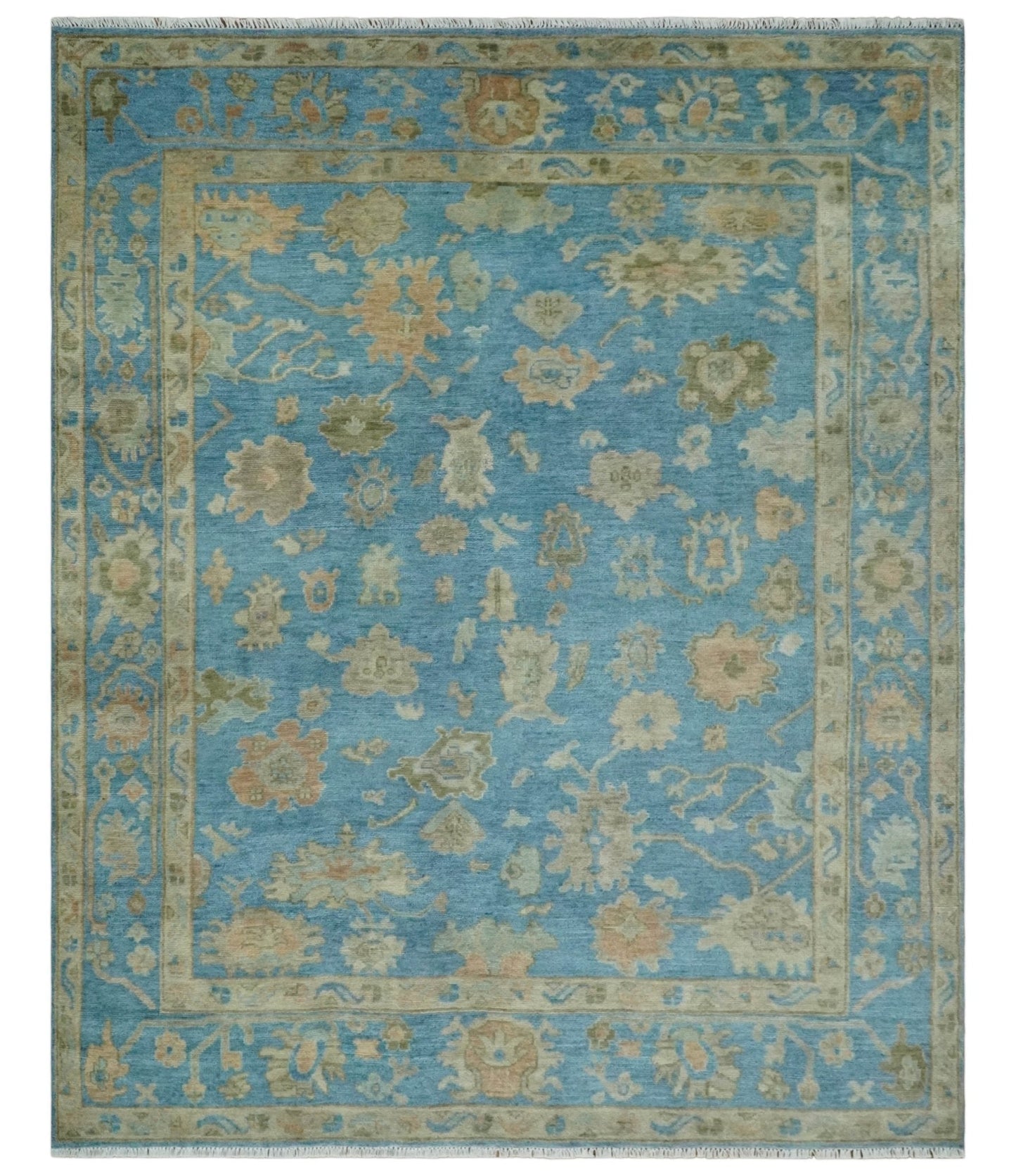 Custom Made Hand knotted Blue and Beige Traditional Oushak Wool Area Rug