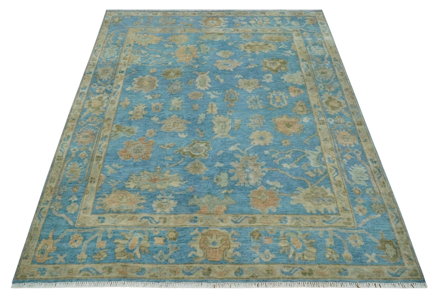 Custom Made Hand knotted Blue and Beige Traditional Oushak Wool Area Rug