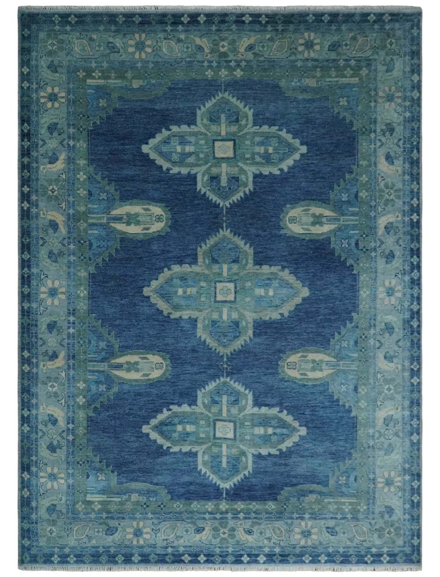 Custom Made Hand Knotted Blue and Silver Traditional Antique Style Wool Rug