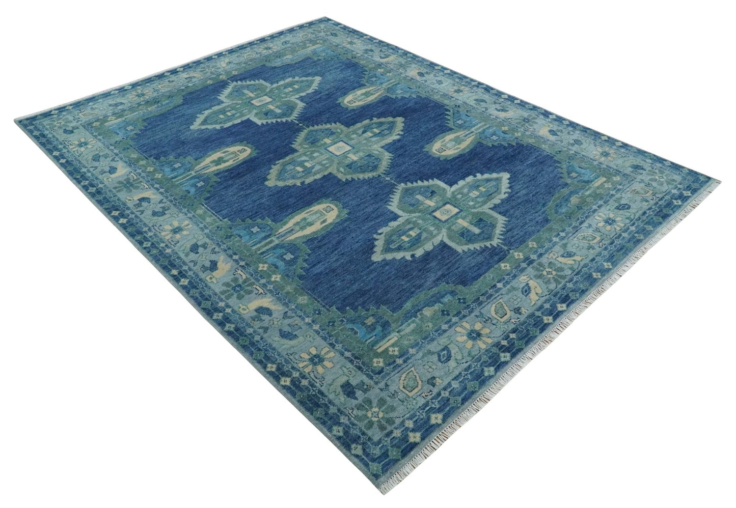 Custom Made Hand Knotted Blue and Silver Traditional Antique Style Wool Rug