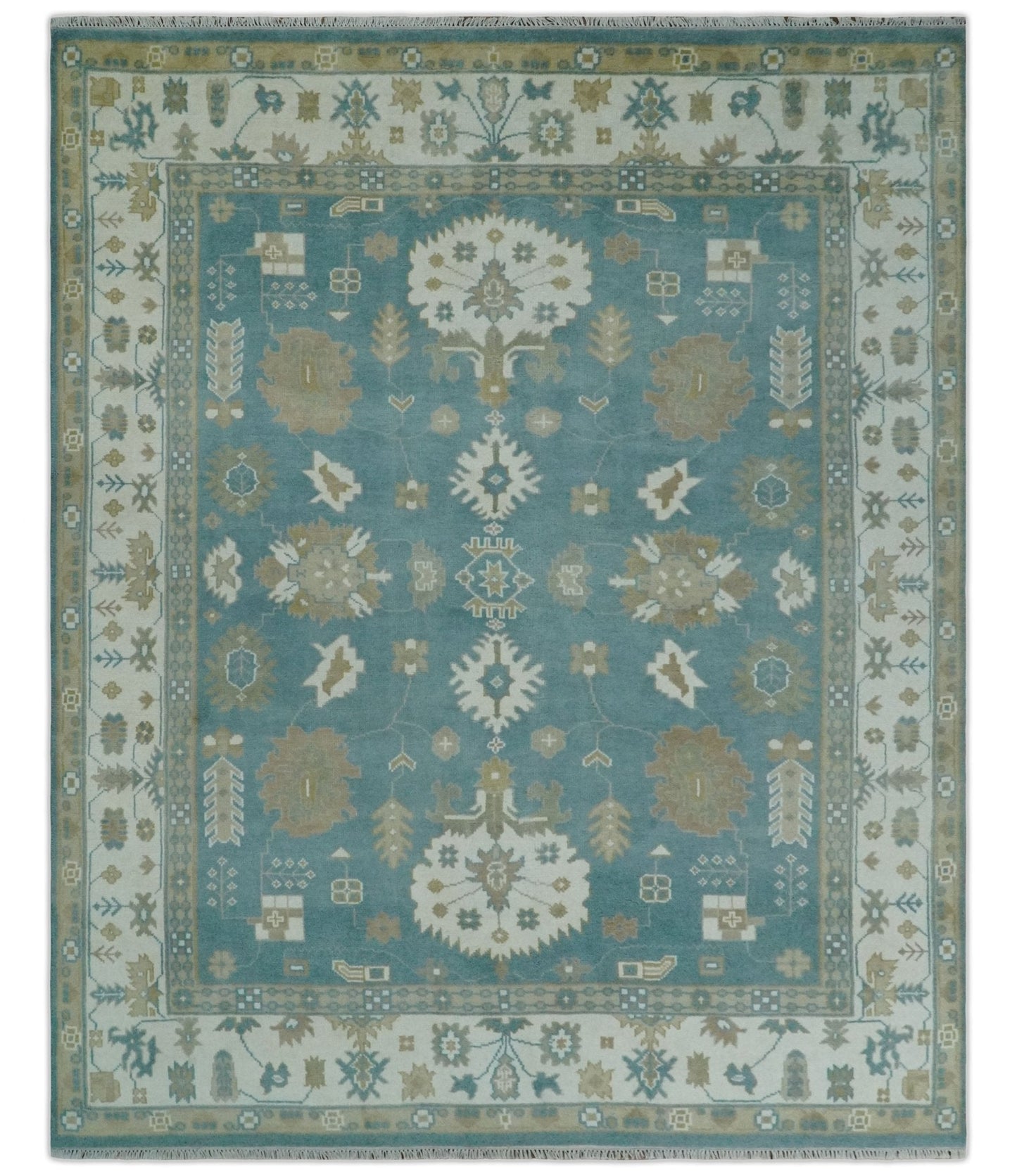 Custom Made Hand Knotted Blue, Ivory and Beige Traditional Oushak Wool Rug