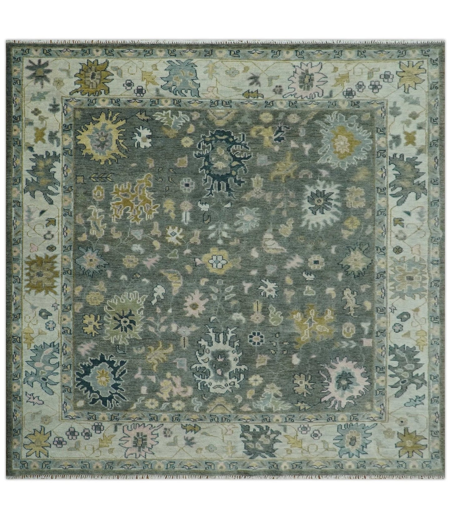 Custom Made Hand Knotted Charcoal and Ivory Traditional Oushak Wool Area Rug