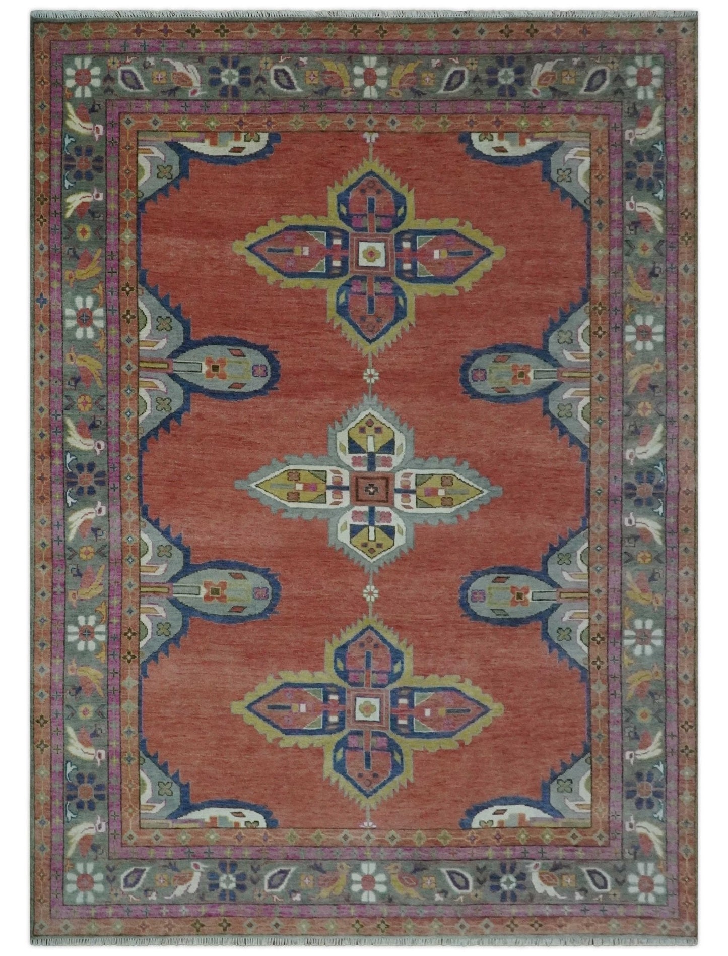 Custom Made Hand Knotted Dark Peach and Silver Traditional Wool Rug